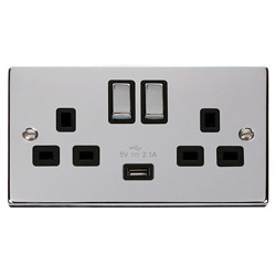 Deco 13 Amp Double Socket with USB Charger Polished Chrome Black Insert