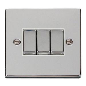 Deco 10 Amp 3 gang Light Switch - Polished Chrome White Insert