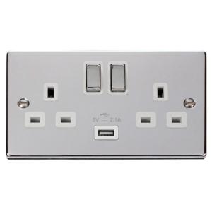 Deco 13 Amp Double Socket with USB Charger Polished Chrome White Insert