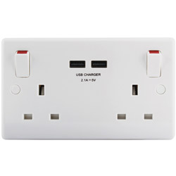 2 Gang switched 13A socket with twin Type 'A'  2.1A USB 2.0 sockets