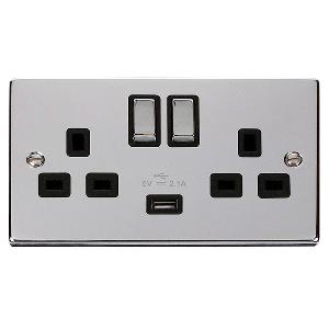 Deco 13 Amp Double Socket with USB Charger Polished Chrome Black Insert