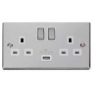 Deco 13 Amp Double Socket with USB Charger Polished Chrome White Insert